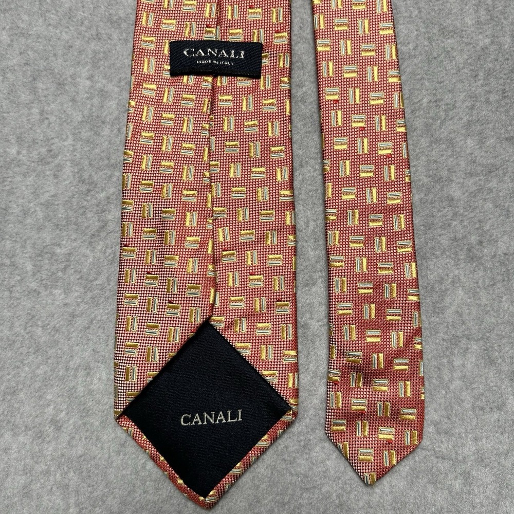 Canali Silk Tie Red/Gold Geometric Woven 58.5"  3.5" Wide Made In Italy